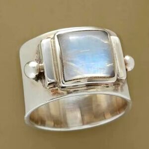 BOHO style Silver Colour Ring with Square Moonstone Size 7